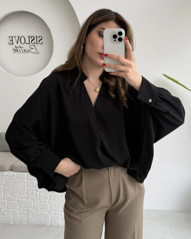 Natalie Yarasa Kol Saten Gömlek - Siyah - Kod: 0575