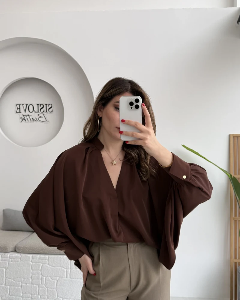 Natalie Yarasa Kol Saten Gömlek - Acı Kahve - Kod: 0575