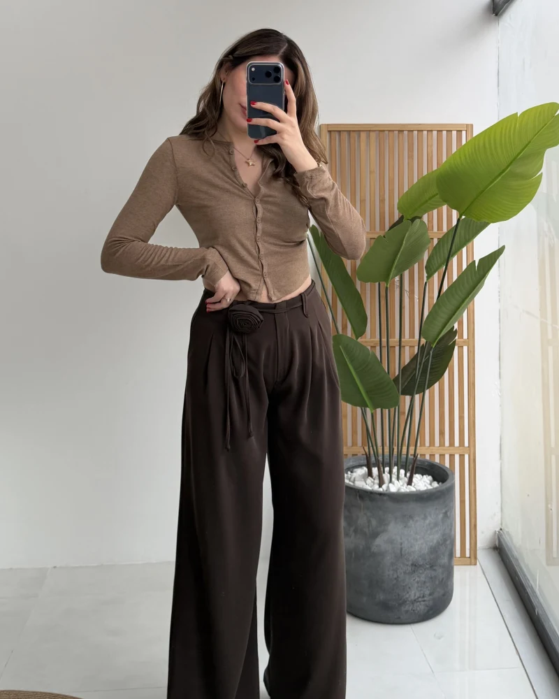 Gül Detay Bağcıklı Pantolon - Acı Kahve - Kod: 3902