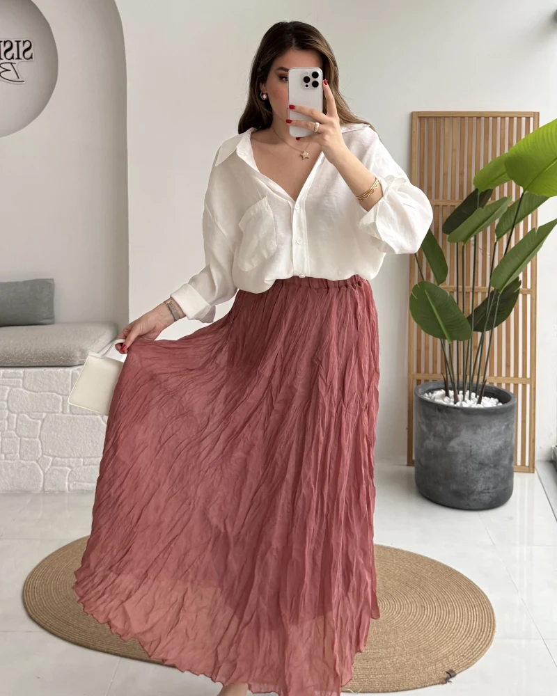 Astarlı Kırışık Beli Lastikli Etek - Gül Kurusu - Kod: 3207