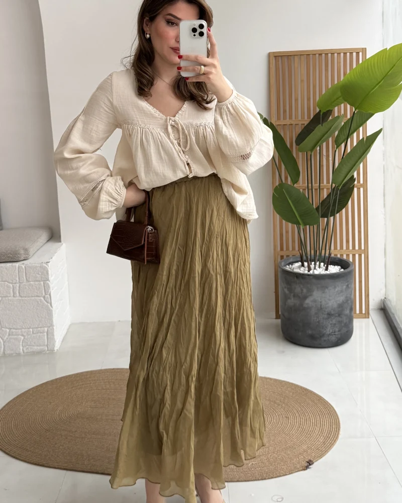 Astarlı Kırışık Beli Lastikli Etek - Olive - Kod: 3207