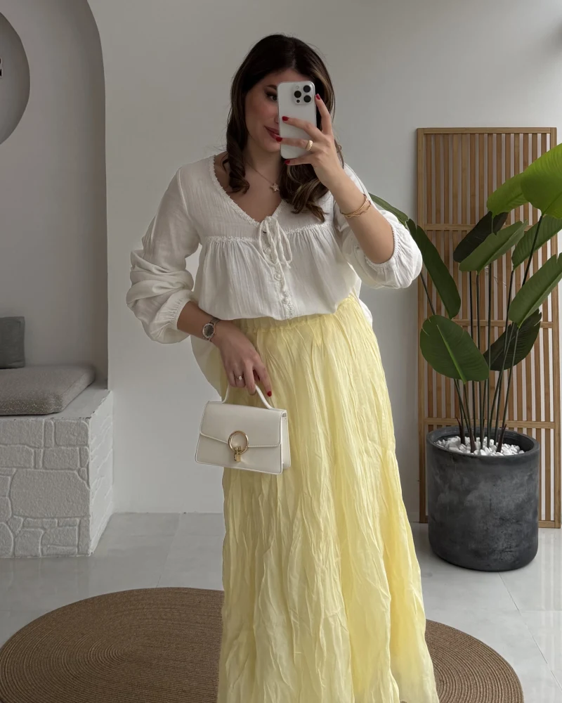 Astarlı Kırışık Beli Lastikli Etek - Açık Sarı - Kod: 3207