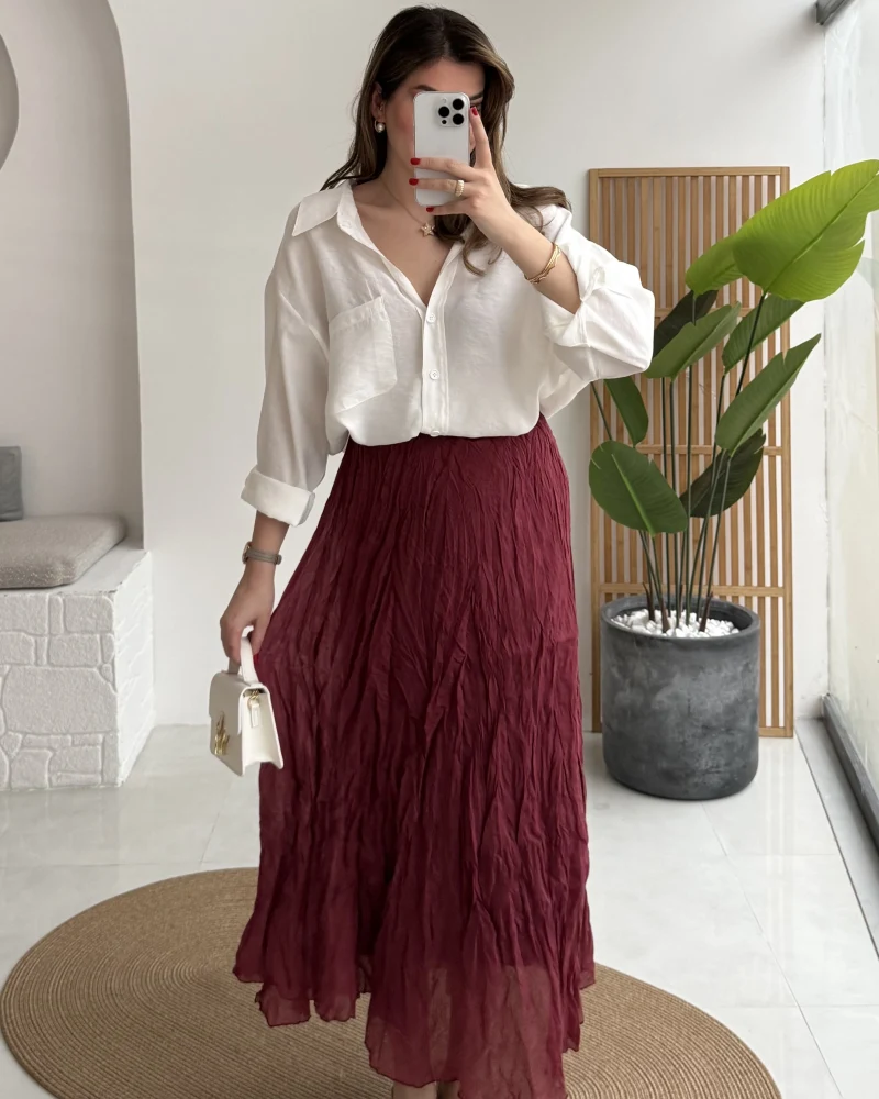 Astarlı Kırışık Beli Lastikli Etek - Bordo - Kod: 3207