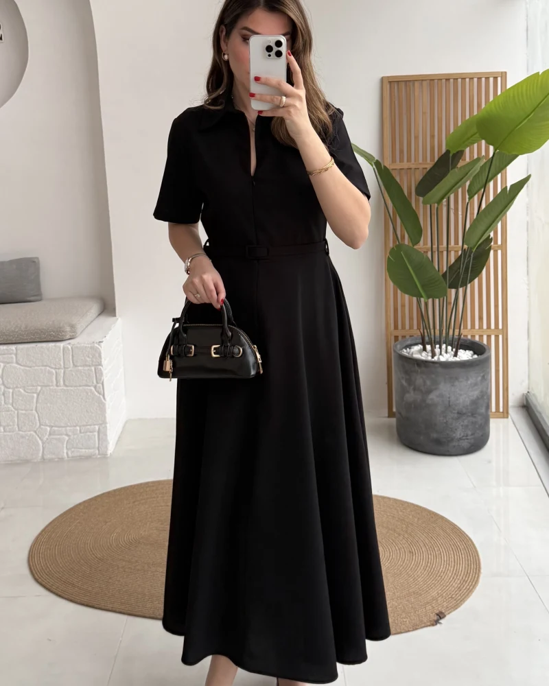 Sia Kısa Kol Kemerli Elbise - Siyah - Kod: 2341