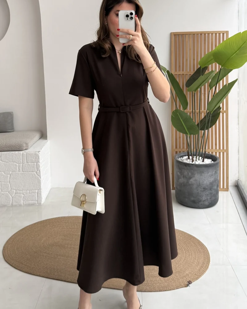 Sia Kısa Kol Kemerli Elbise - Kahverengi - Kod: 2341