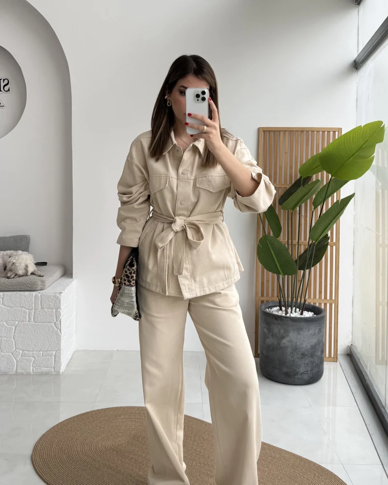 Kuşaklı Gabardin Takım - Taş - Kod: 8897