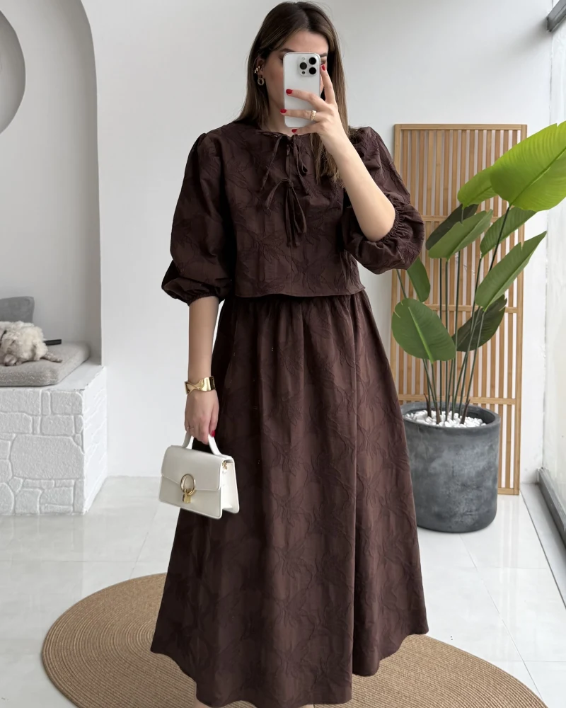 Brera Balon Kol Dokulu Etek Bluz Takım - Kahverengi - Kod: 6045