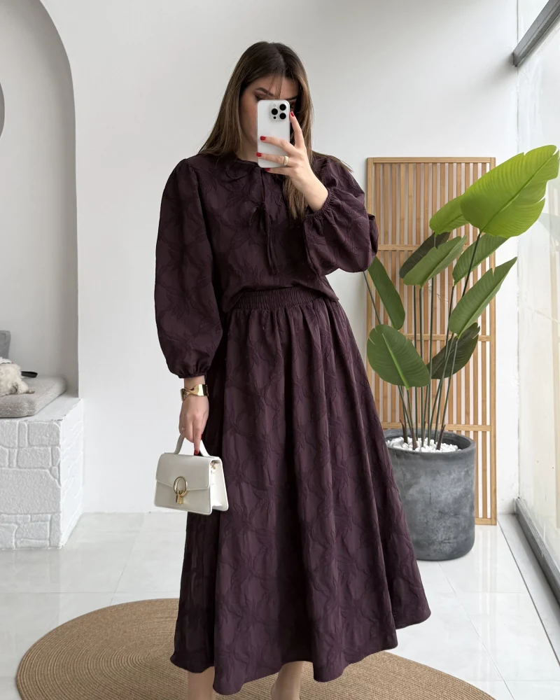 Brera Balon Kol Dokulu Etek Bluz Takım - Mürdüm - Kod: 6045