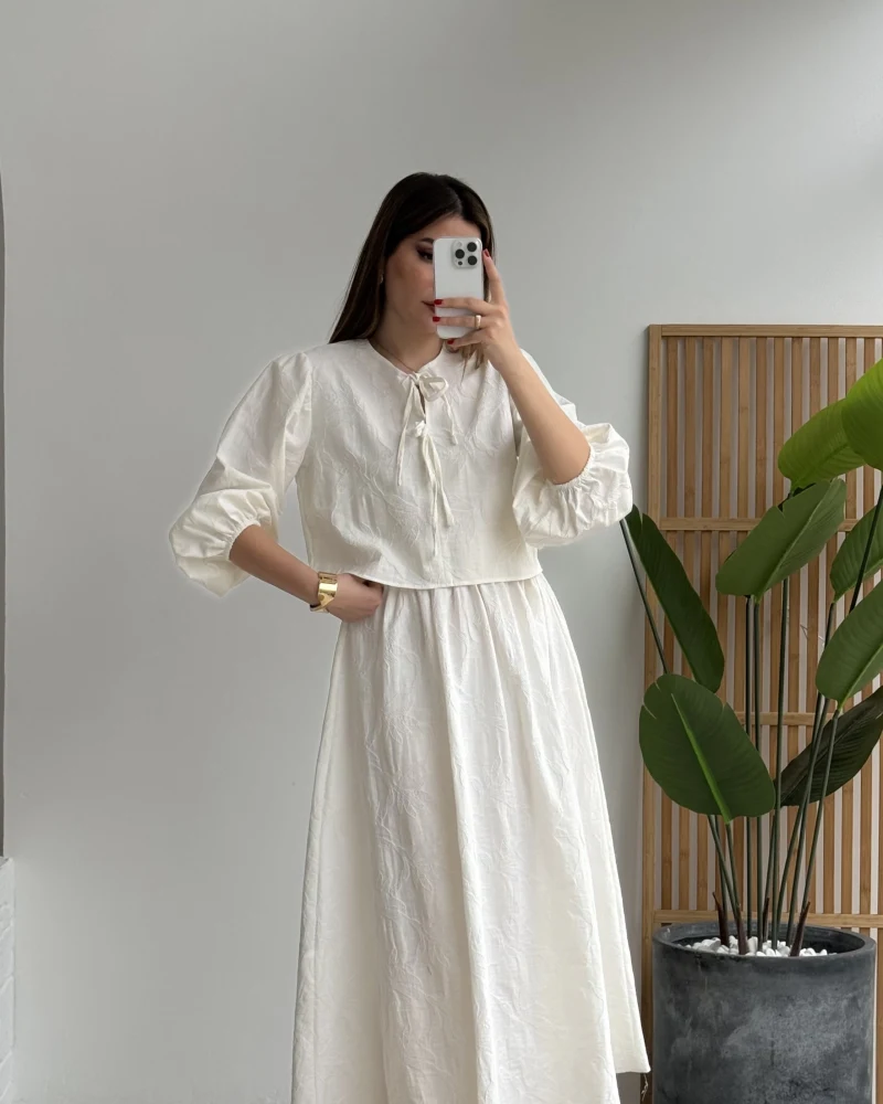 Brera Balon Kol Dokulu Etek Bluz Takım - Ekru - Kod: 6045