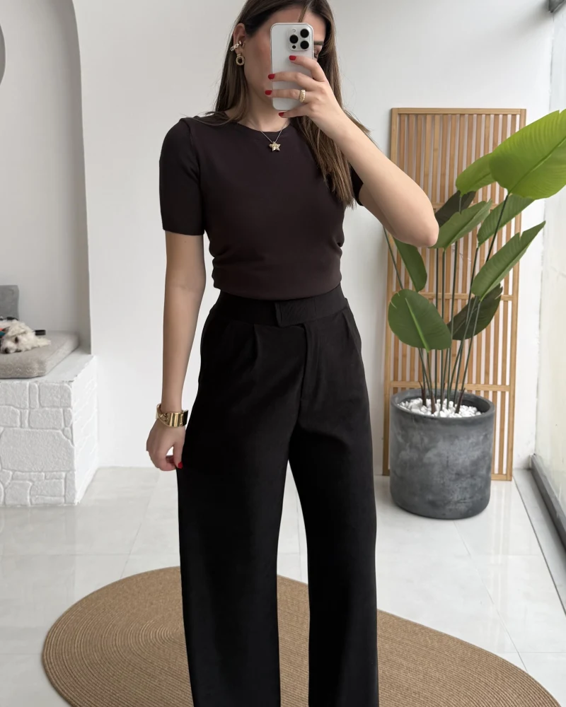 Kadife Cırt Detay Pantolon - Siyah - Kod: 3997