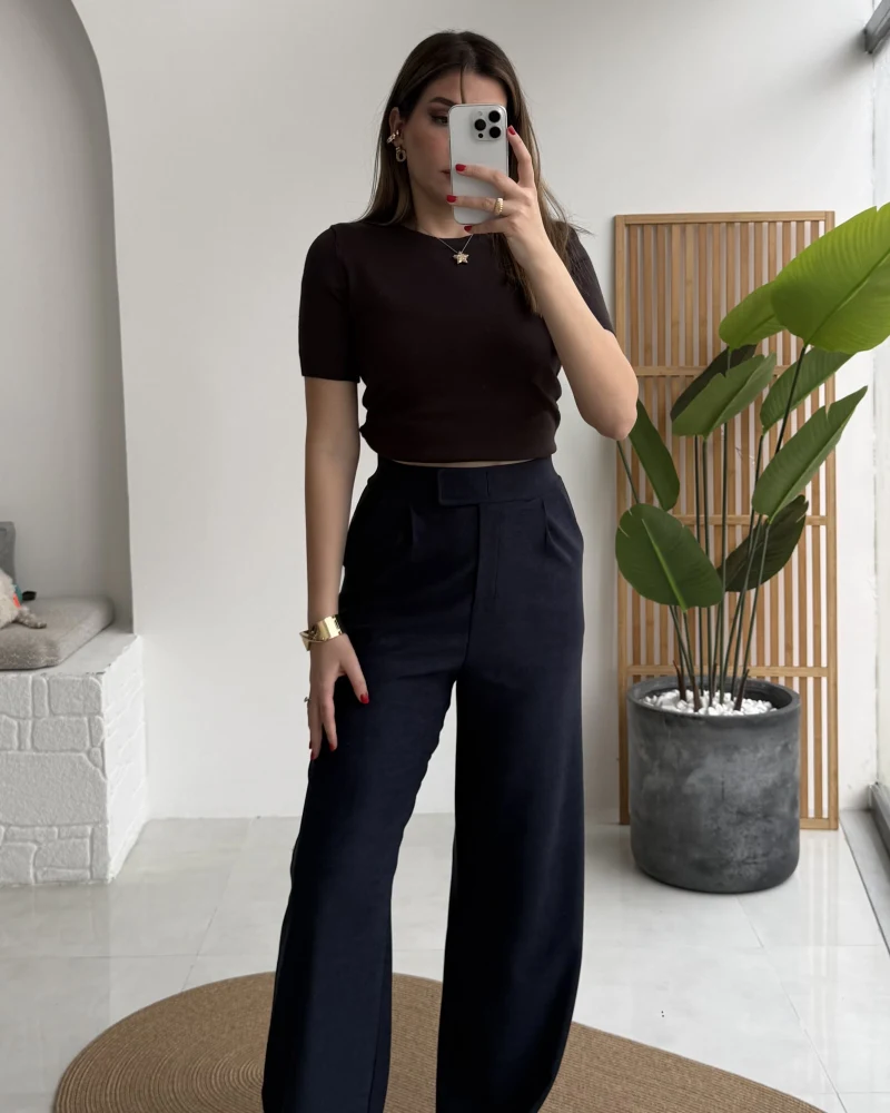 Kadife Cırt Detay Pantolon - Lacivert - Kod: 3997