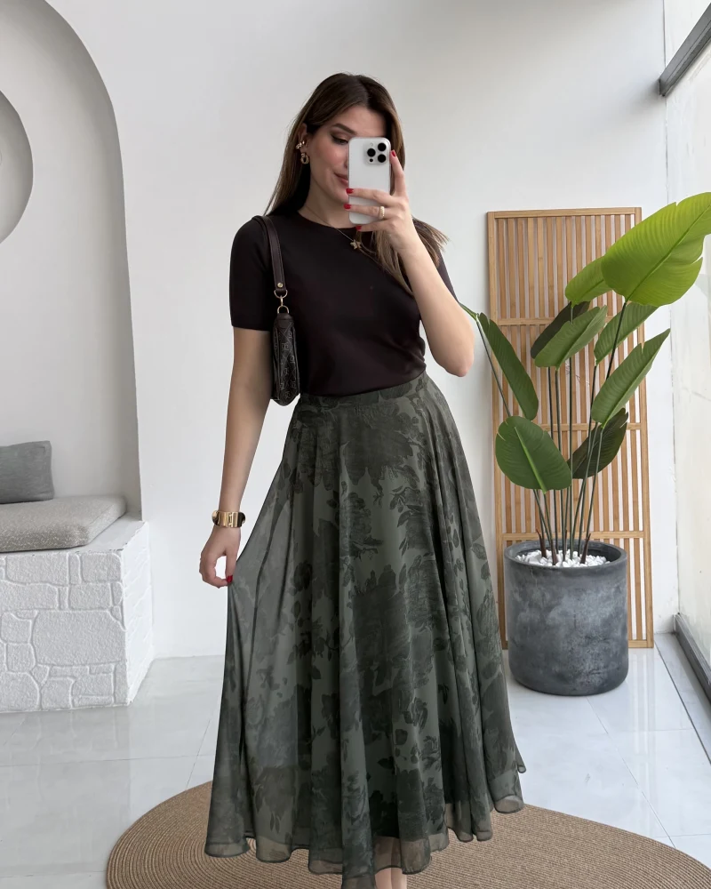 Çiçek Desenli Astarlı Tül Etek - Haki