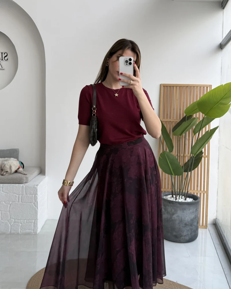 Çiçek Desenli Astarlı Tül Etek - Mürdüm