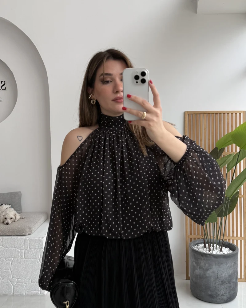 Puantiye Desen Şifon Bluz - Siyah - Kod: 0906