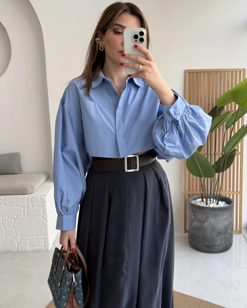 Crop Balon Kol Poplin Gömlek - Mavi - Kod: 5008