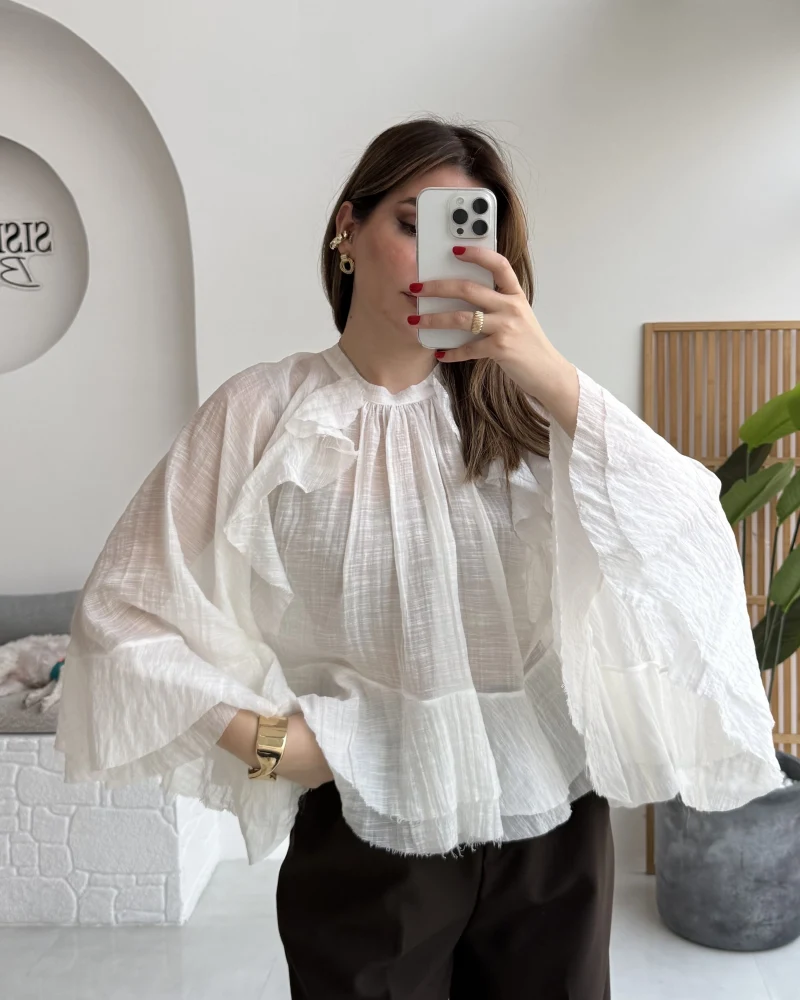 Fırfırlı Transparan Bluz - Beyaz - Kod: 5009