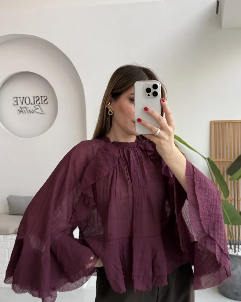 Fırfırlı Transparan Bluz - Mürdüm - Kod: 5009