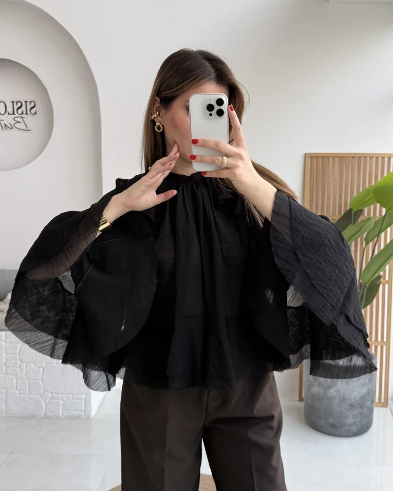 Fırfırlı Transparan Bluz - Siyah - Kod: 5009