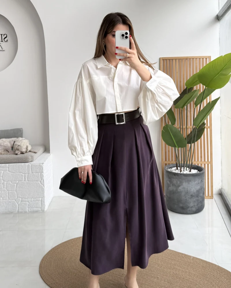 Bitter Kemerli Pileli Yırtmaç Detay Midi Boy Etek - Mürdüm - Kod: 5043