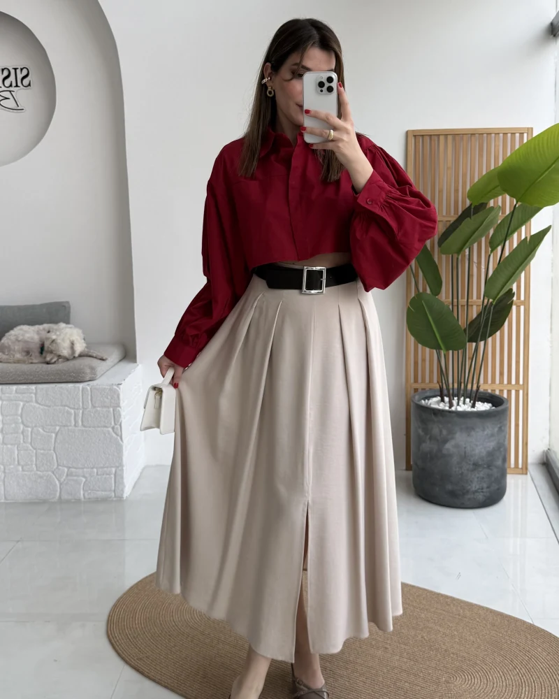 Bitter Kemerli Pileli Yırtmaç Detay Midi Boy Etek - Taş - Kod: 5043