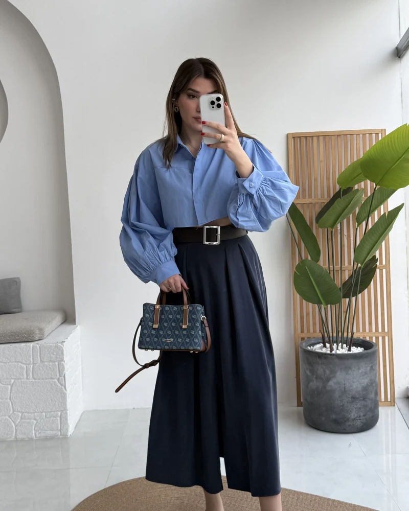 Bitter Kemerli Pileli Yırtmaç Detay Midi Boy Etek - Lacivert - Kod: 5043