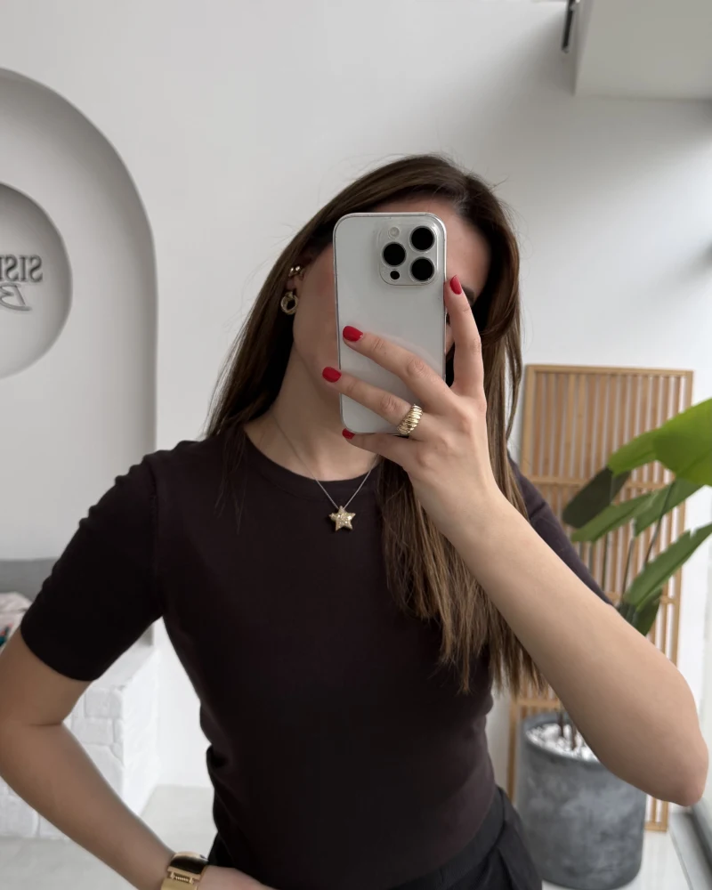 Dilvin Bisiklet Yaka Kısa Kol Triko Bluz - Koyu Kahve - Kod: 10779