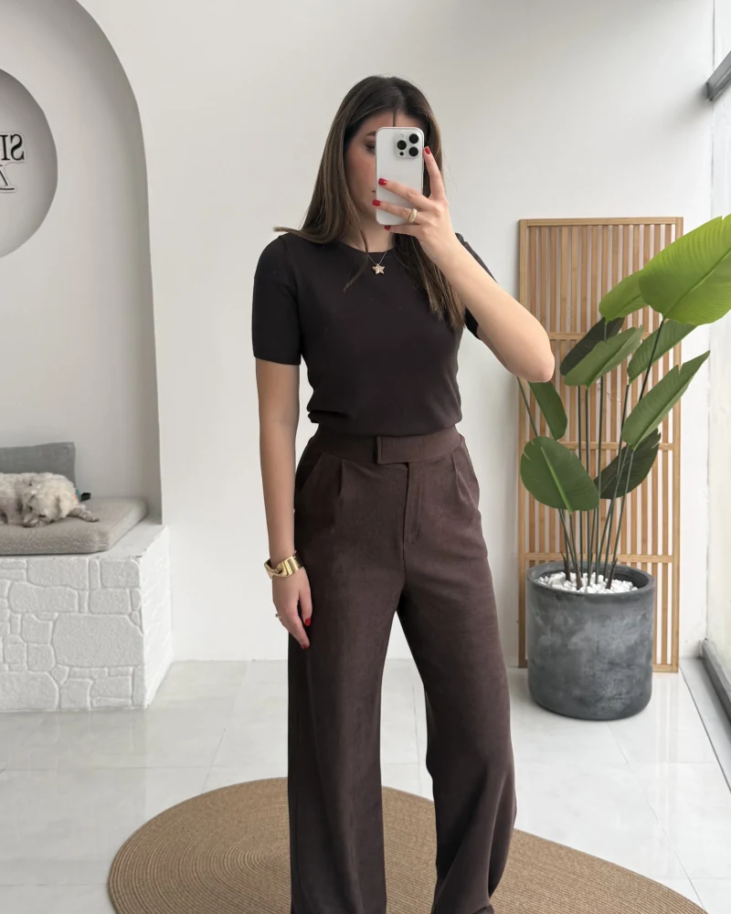 Kadife Cırt Detay Pantolon - Kahverengi - Kod: 3997