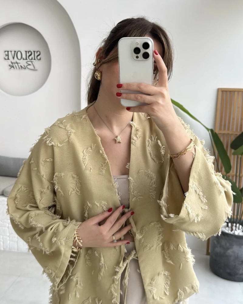 Püskül Detay Bağlamalı Kimono - Haki - Kod: 7012