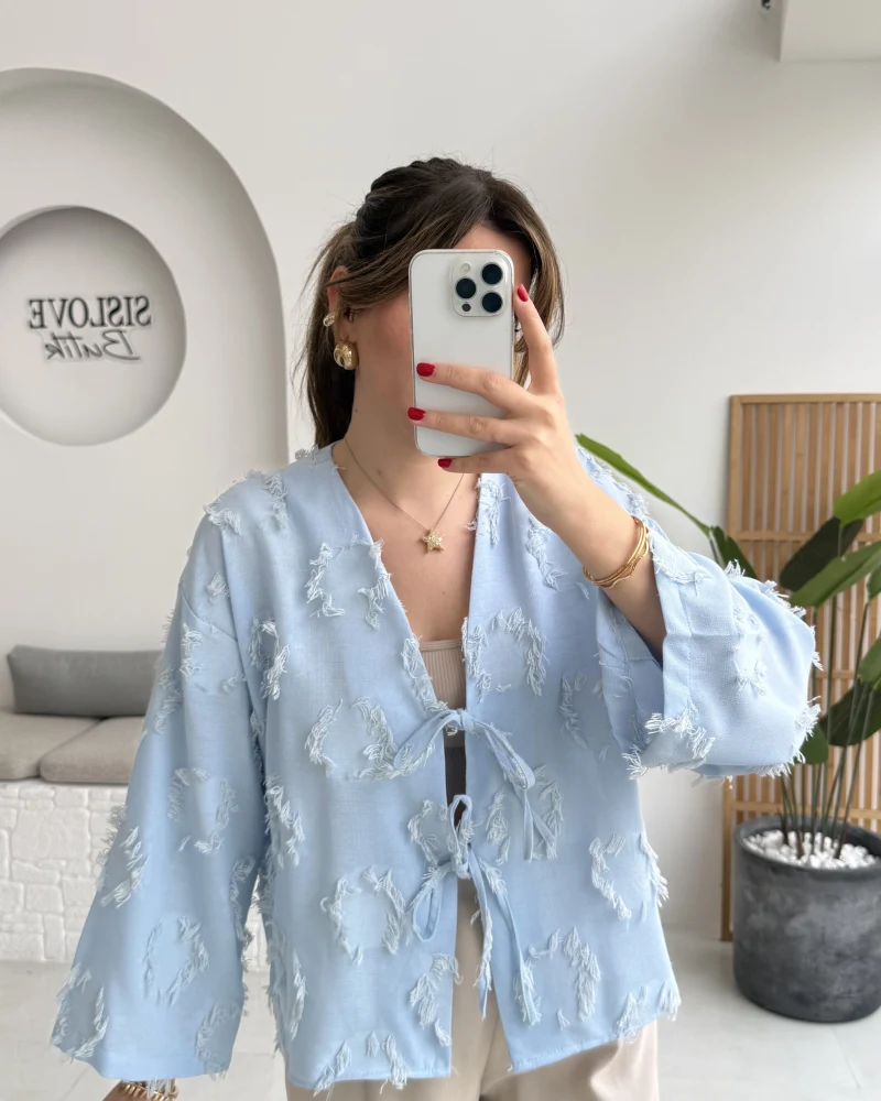 Püskül Detay Bağlamalı Kimono - Bebe Mavisi - Kod: 7012