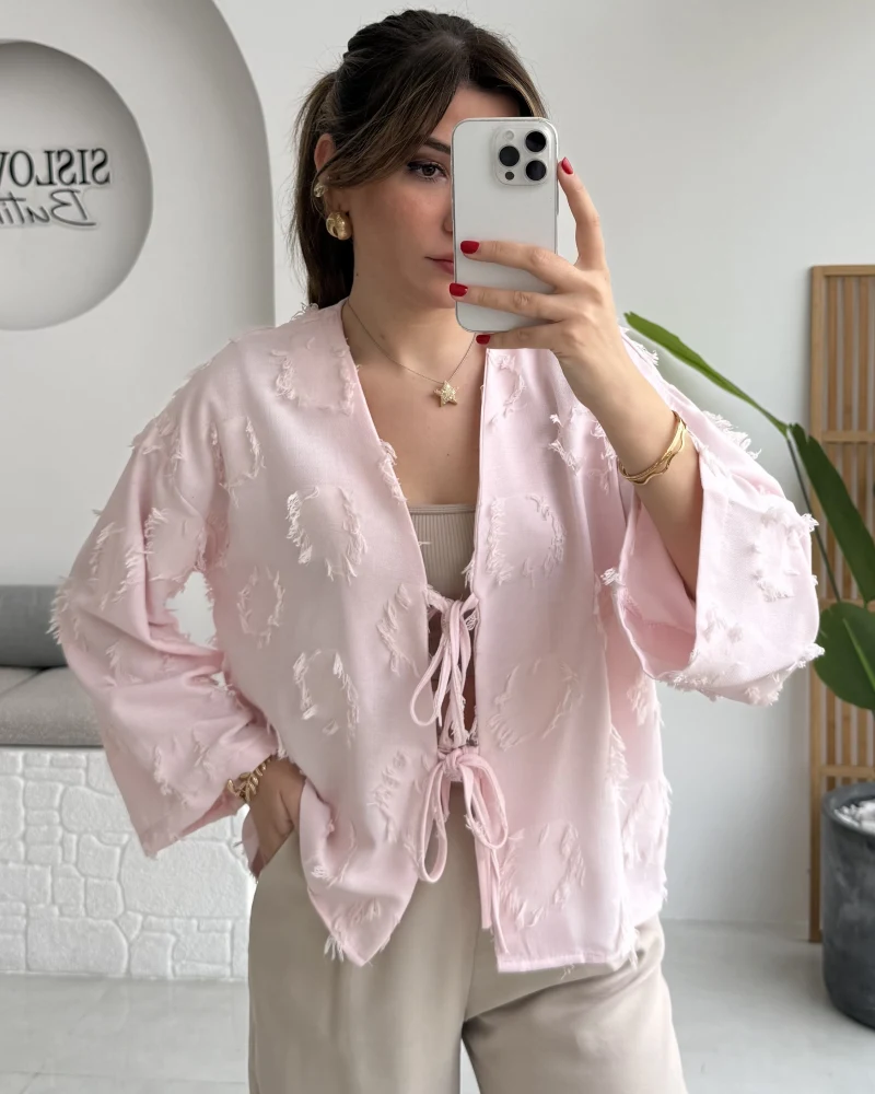 Püskül Detay Bağlamalı Kimono - Toz Pembe - Kod: 7012