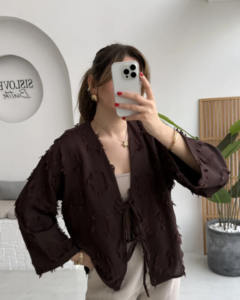 Püskül Detay Bağlamalı Kimono - Kahverengi - Kod: 7012