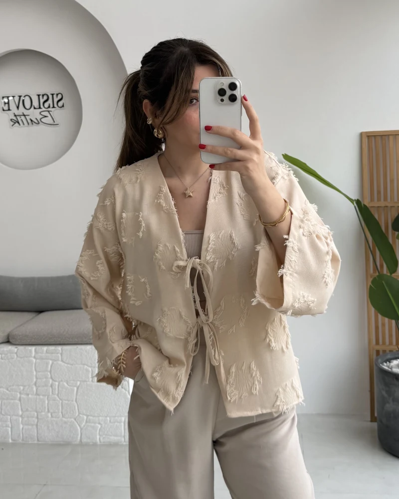 Püskül Detay Bağlamalı Kimono - Taş - Kod: 7012