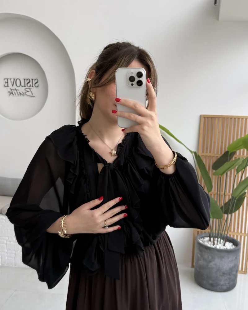 Mium Fırfırlı Fular Bağlamalı Şifon Bluz - Gömlek - Siyah - Kod: 0943