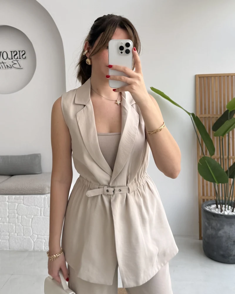 Modal Süet Kemerli Yelek - Taş - Kod: 8019