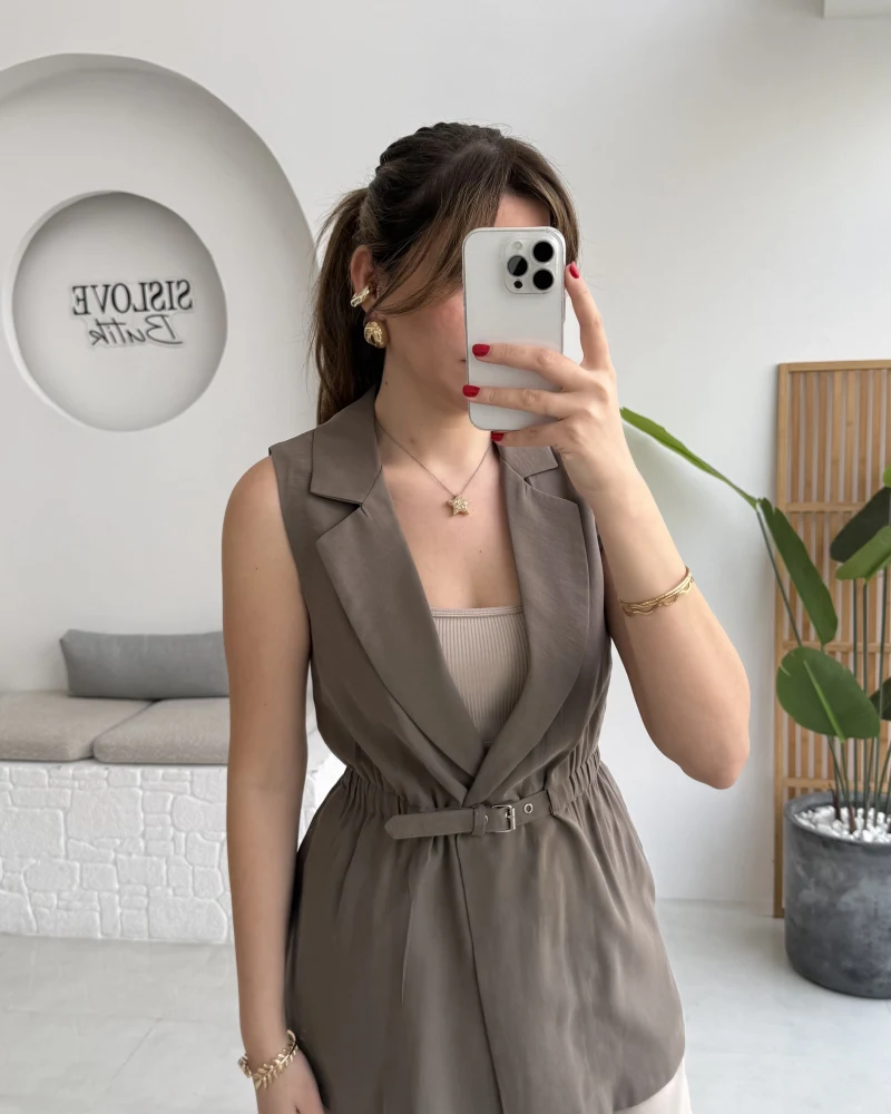 Modal Süet Kemerli Yelek - Haki - Kod: 8019