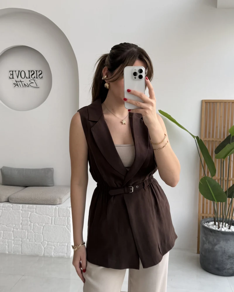 Modal Süet Kemerli Yelek - Kahverengi - Kod: 8019