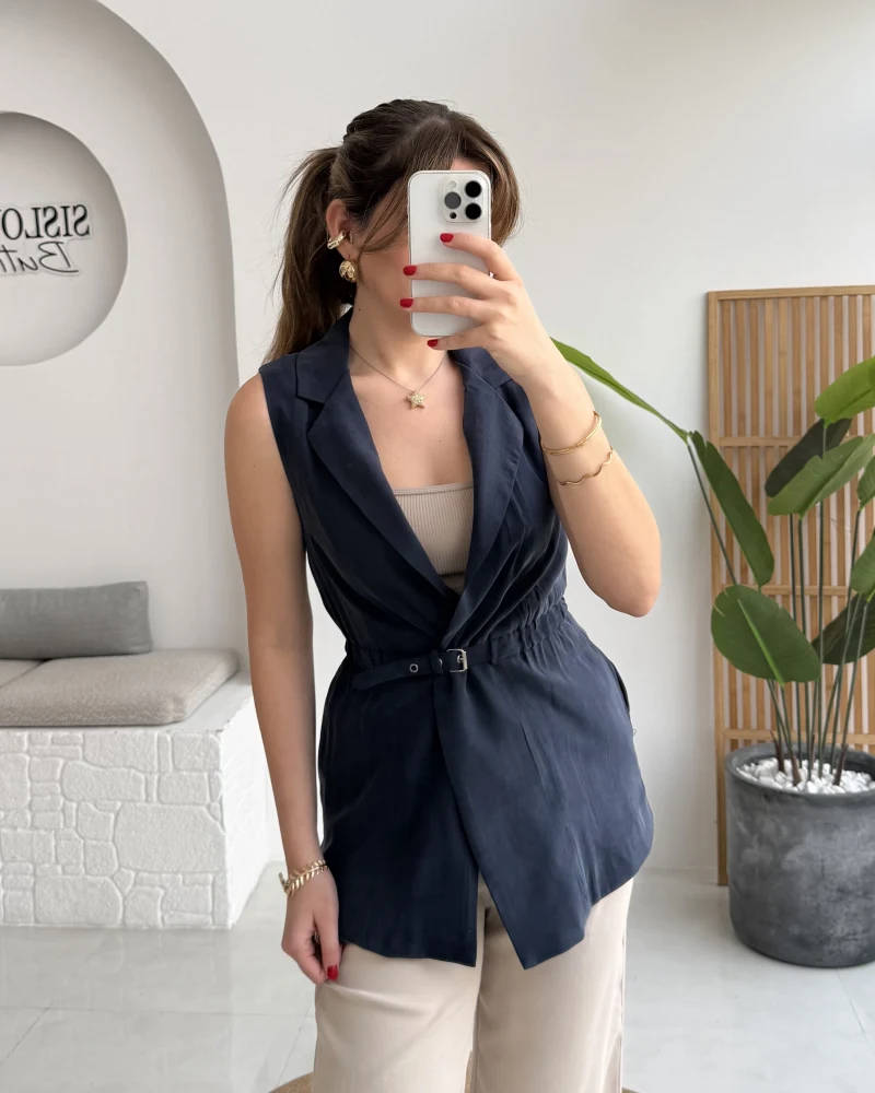 Modal Süet Kemerli Yelek - Lacivert - Kod: 8019