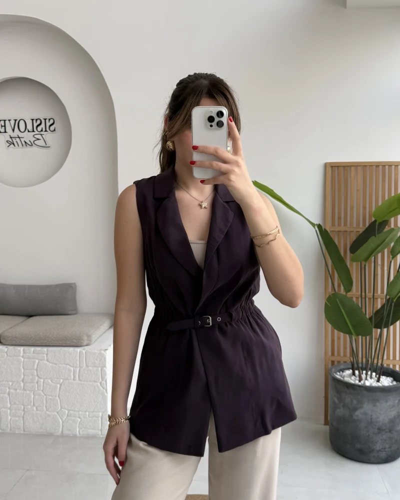 Modal Süet Kemerli Yelek - Mürdüm - Kod: 8019