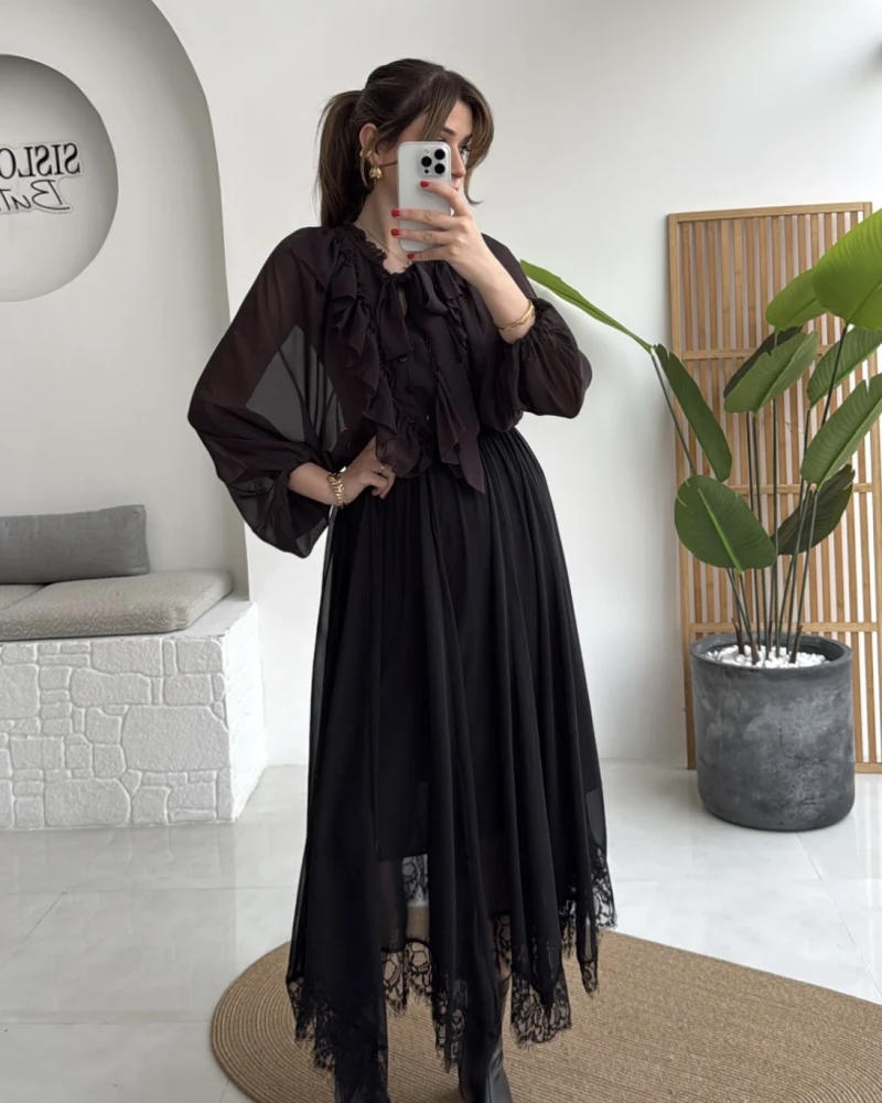 Arya Dantel Detay Asimetrik Kesim Şifon Etek - Siyah - Kod: 5050