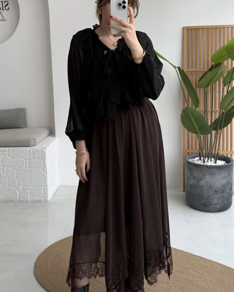 Arya Dantel Detay Asimetrik Kesim Şifon Etek - Kahverengi - Kod: 5050