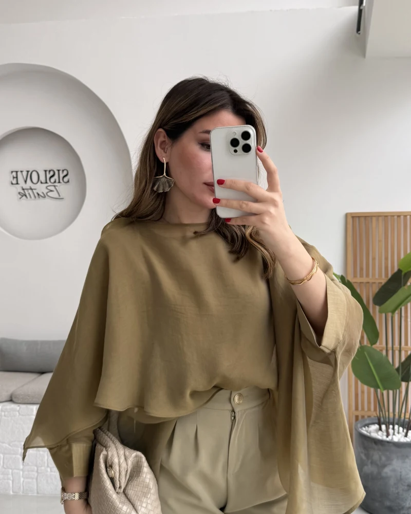 Uçuşan Pelerin Bluz - Olive - Kod: 5026