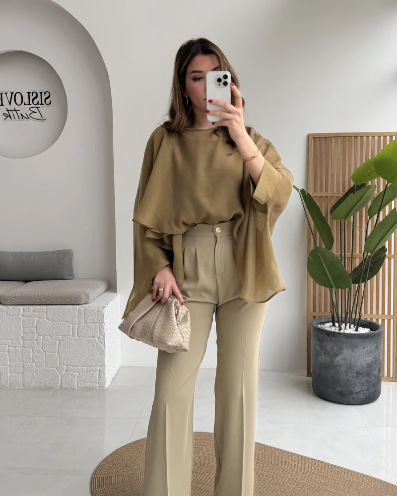 Pileli Palazzo Dökümlü Kumaş Pantolon - Ada Çayı Yeşil - Kod: 51078