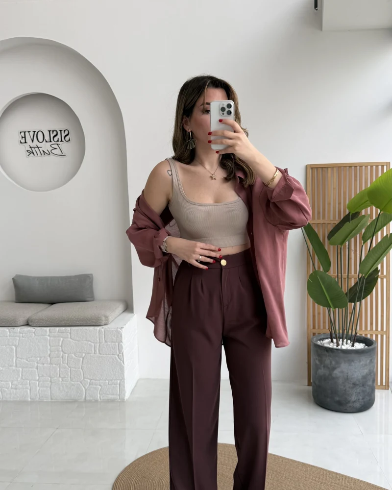 Pileli Palazzo Dökümlü Kumaş Pantolon - Gül Kurusu - Kod: 51078