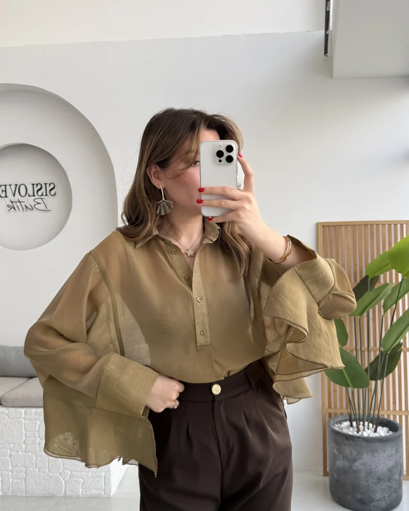 Polo Yaka Fırfırlı Bluz - Olive - Kod: 5031