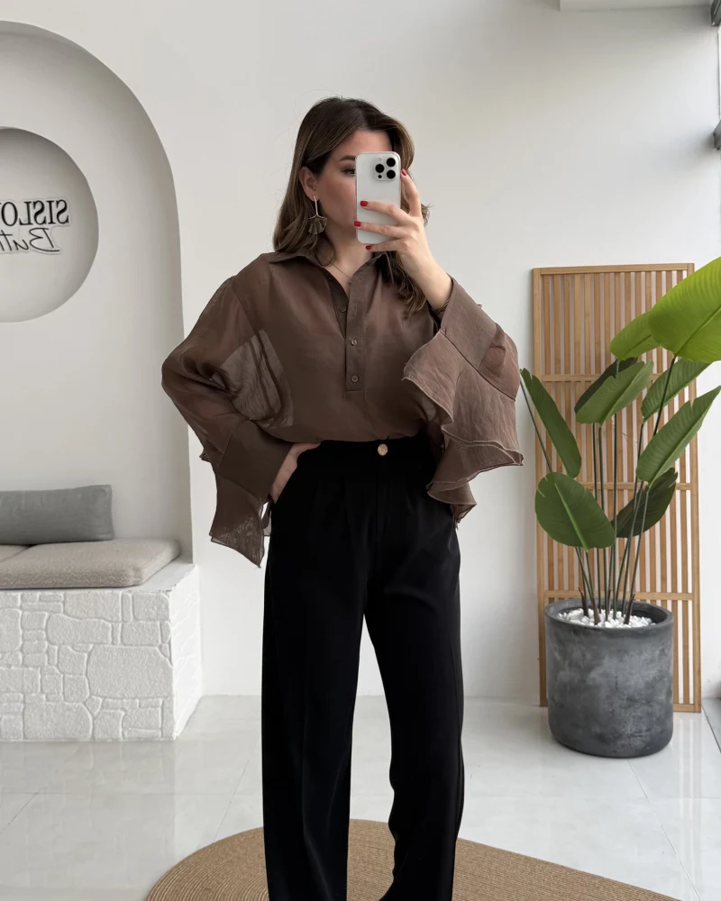 Pileli Palazzo Dökümlü Kumaş Pantolon - Siyah - Kod: 51078