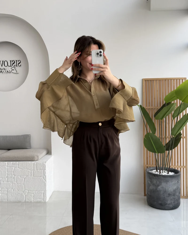 Pileli Palazzo Dökümlü Kumaş Pantolon - Kahve - Kod: 51078