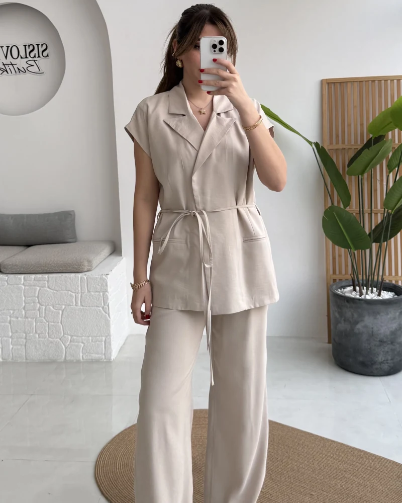 İp Bağlamalı Yelek Pantolon Takım - Taş - Kod: 8021 4041