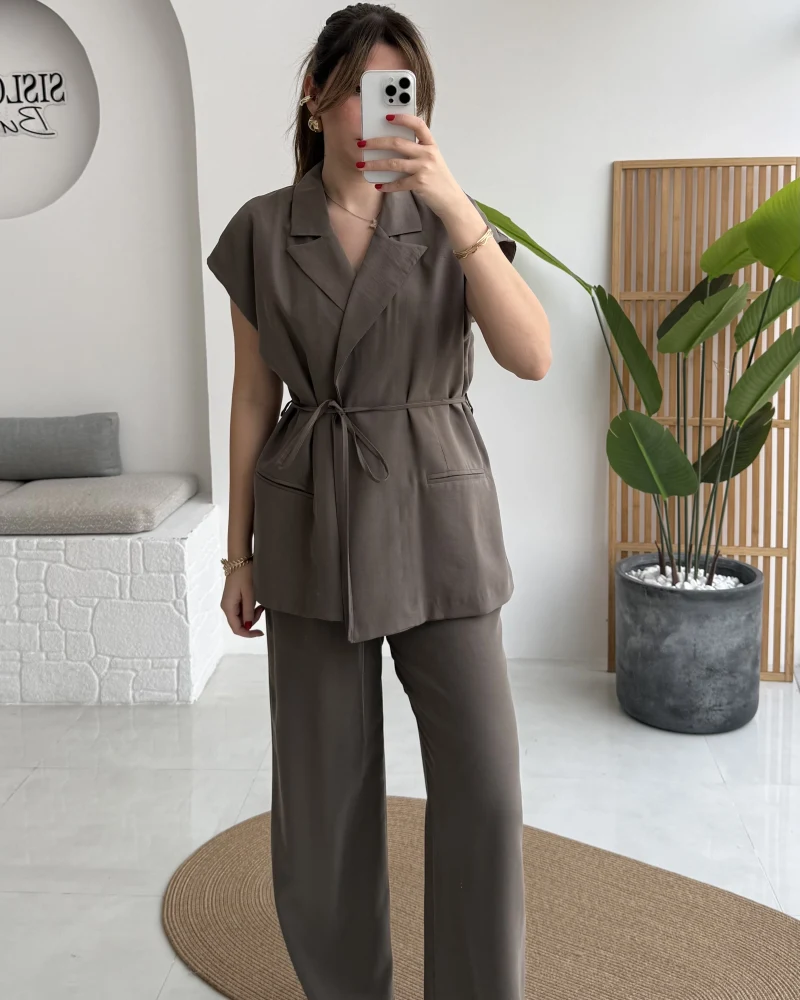 İp Bağlamalı Yelek Pantolon Takım - Haki - Kod: 8021 4041