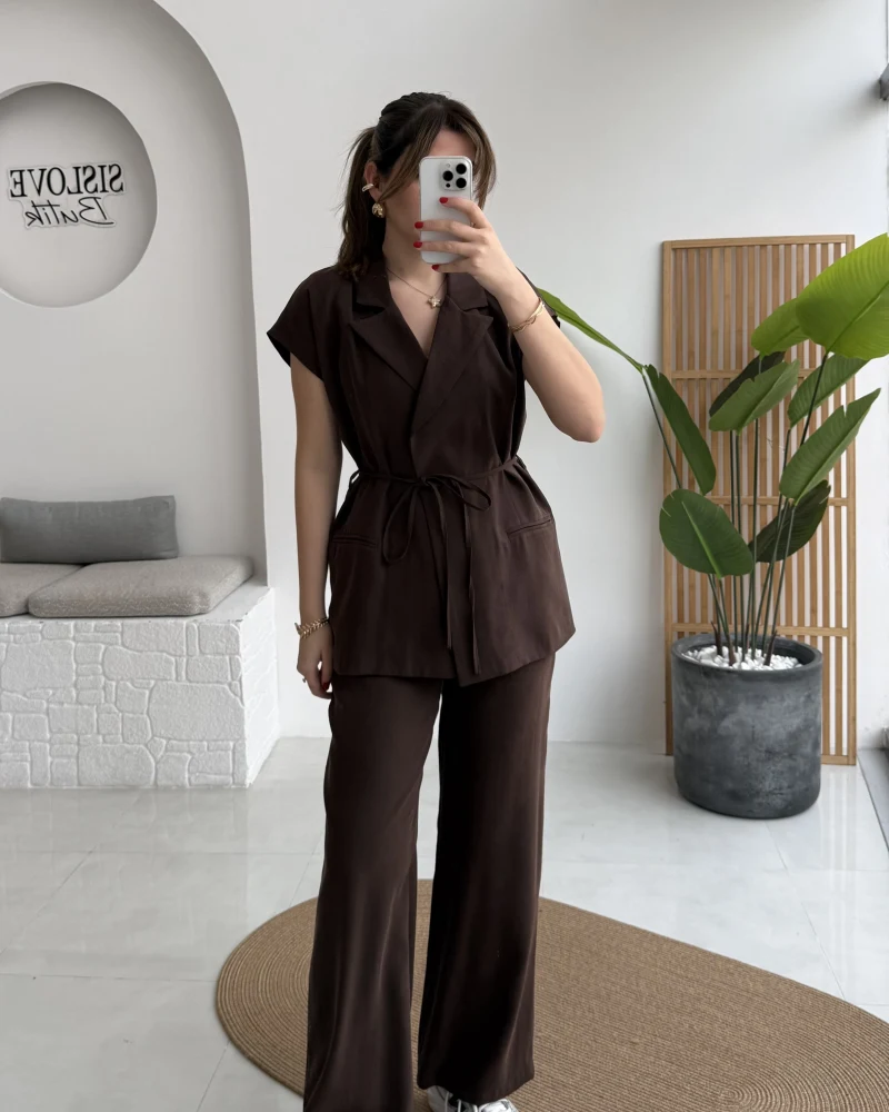 İp Bağlamalı Yelek Pantolon Takım - Kahverengi - Kod: 8021 4041