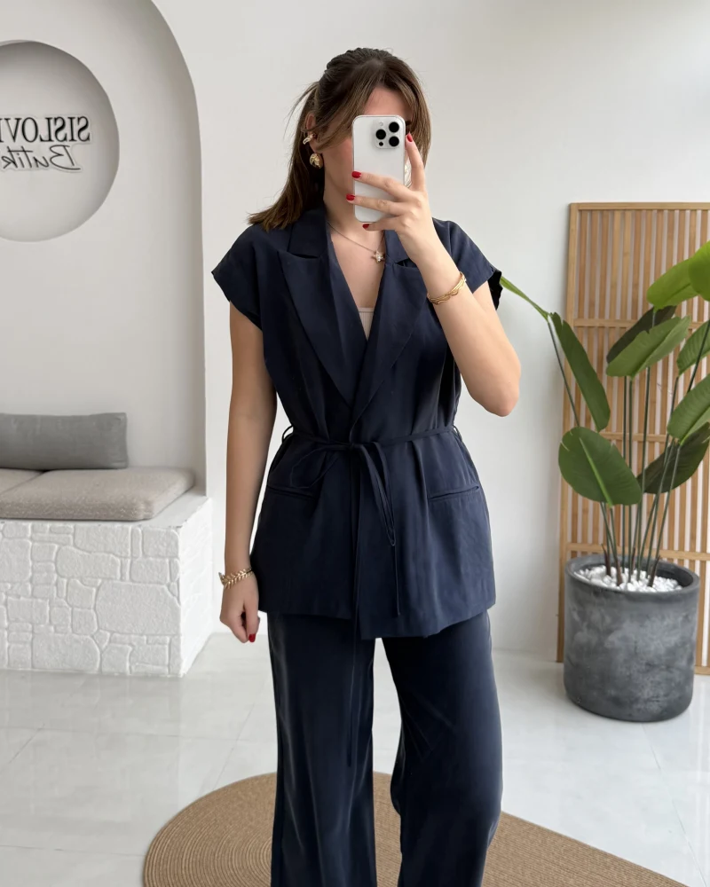 İp Bağlamalı Yelek Pantolon Takım - Lacivert - Kod: 8021 4041